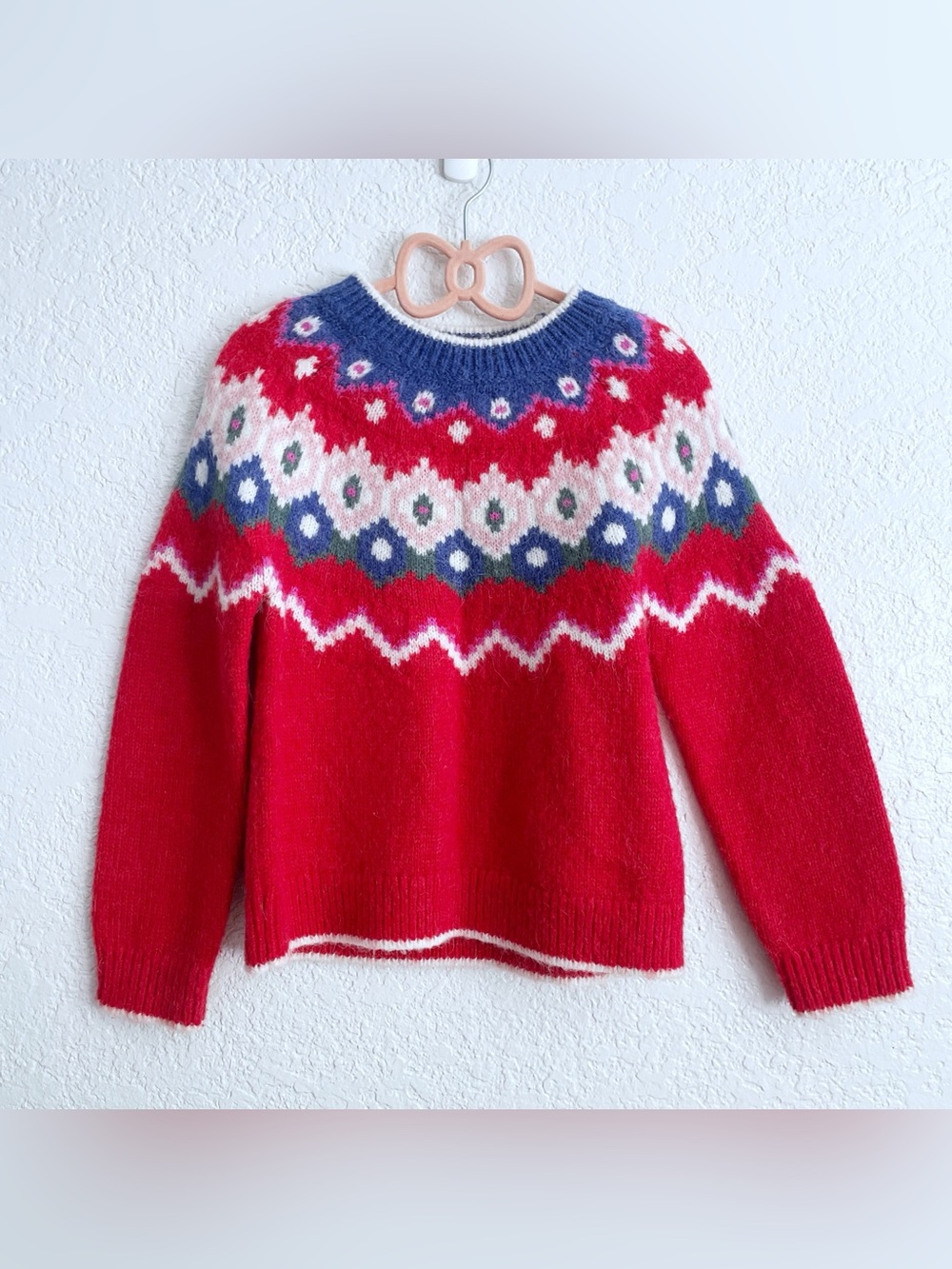Mini Boden Girl's Red Blue White Fair Isle Yoke Knit Sweater 6-7 Winter Holiday